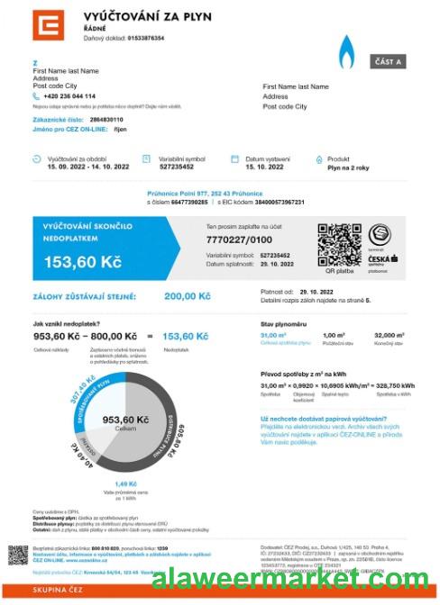 Czech Vyuctovani Za Plyn utility bill in PSD format